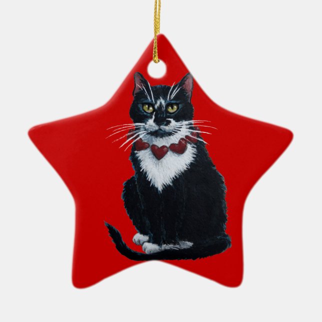 Tuxedo cat with heart collar ornament (Front)