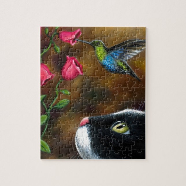 Tuxedo Cat with Hummingbird Cat 571 Jigsaw Puzzle (Vertical)