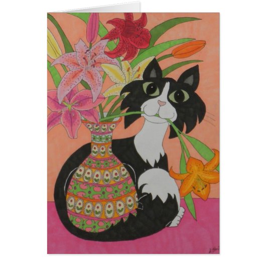 Tuxedo Cat with Lilies Cards (Front)