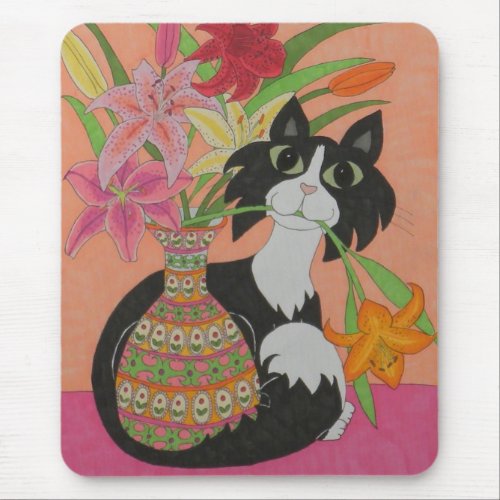 Tuxedo Cat with Lilies Mouse Pad