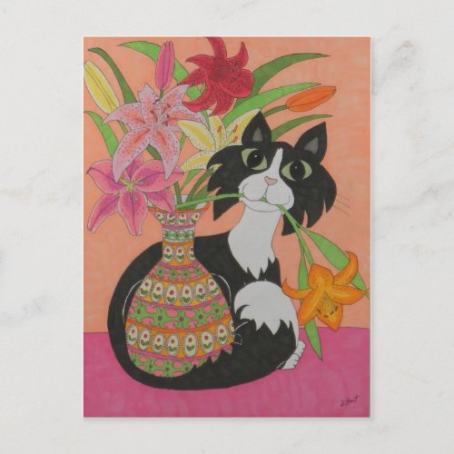 Tuxedo Cat with Lilies Postcard