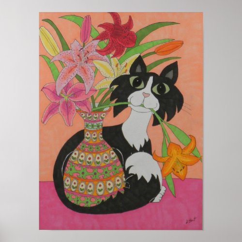 Tuxedo Cat with Lilies Poster