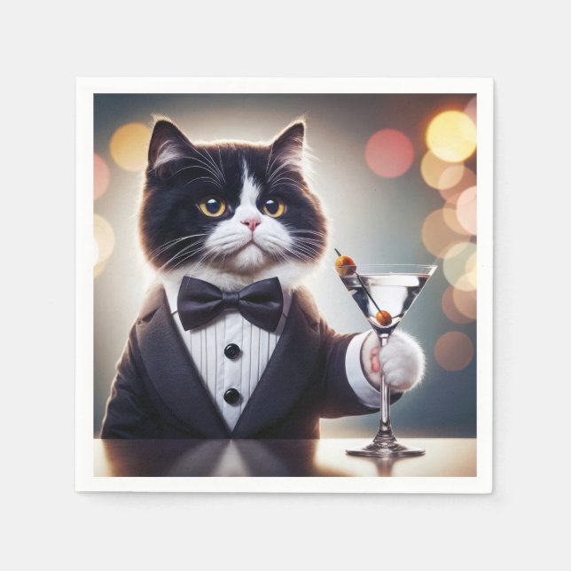 Tuxedo Cat With Martini Cocktail Napkins (Front)
