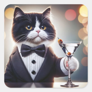 Tuxedo Cat With Martini Cocktail Square Sticker