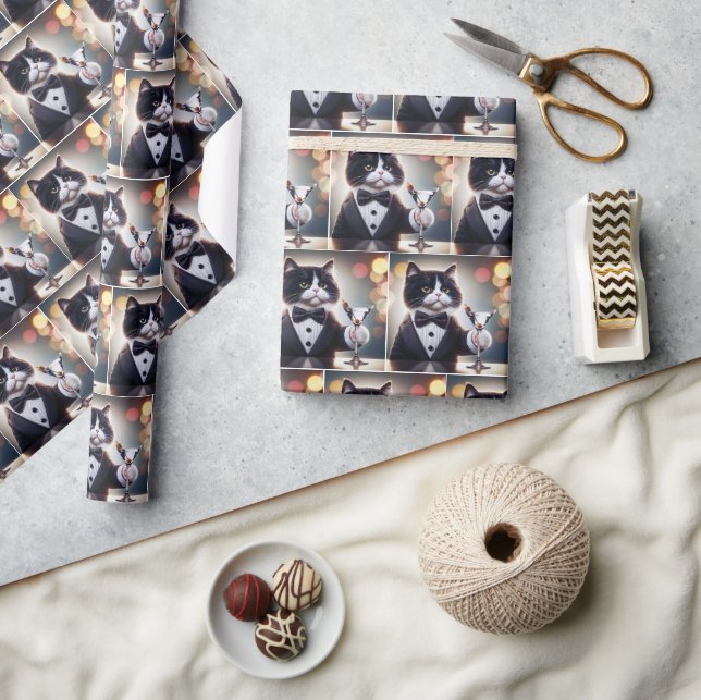 Tuxedo Cat With Martini Cocktail Wrapping Paper (Crafts)