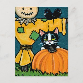 Tuxedo Cat With Pumpkin And Scarecrow Illustration Postcard by LisaMarieArt at Zazzle