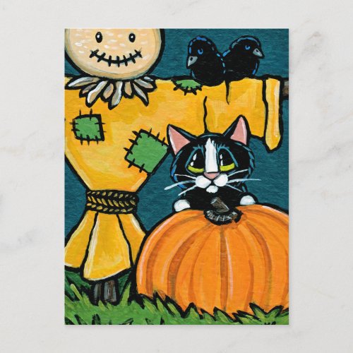 Tuxedo Cat with Pumpkin and Scarecrow Illustration Postcard