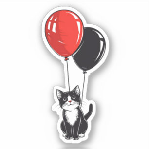 Tuxedo Cat with Red and Black Balloons Sticker