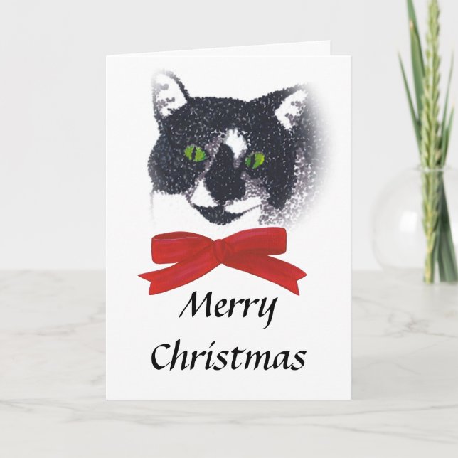 Tuxedo Cat with Red Bow Christmas Cards (Front)