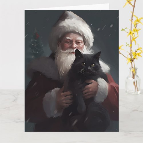 Tuxedo Cat With Santa Claus Festive Christmas Card