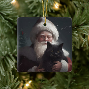 Tuxedo Cat With Santa Claus Festive Christmas Ceramic Ornament