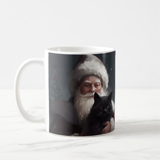 Tuxedo Cat With Santa Claus Festive Christmas Coffee Mug (Left)