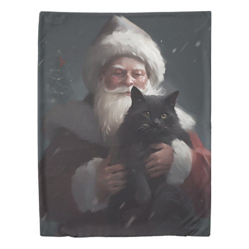 Tuxedo Cat With Santa Claus Festive Christmas Duvet Cover