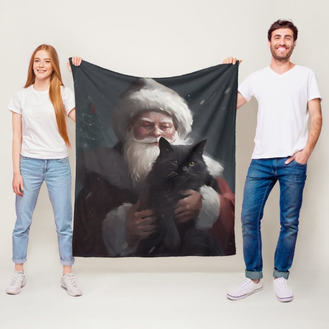 Tuxedo Cat With Santa Claus Festive Christmas Fleece Blanket (In Situ)