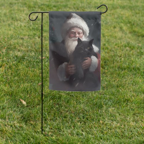 Tuxedo Cat With Santa Claus Festive Christmas Garden Flag