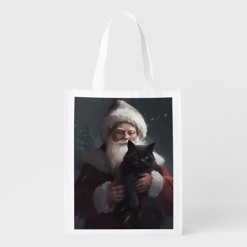 Tuxedo Cat With Santa Claus Festive Christmas Grocery Bag