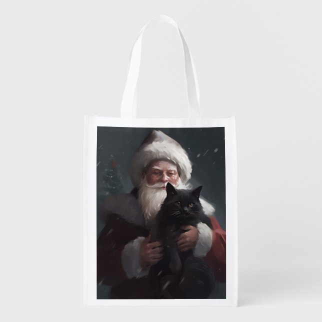 Tuxedo Cat With Santa Claus Festive Christmas Grocery Bag (Front)