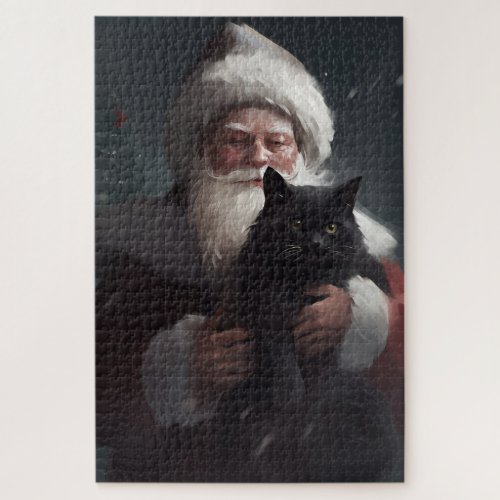 Tuxedo Cat With Santa Claus Festive Christmas Jigsaw Puzzle