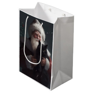 Tuxedo Cat With Santa Claus Festive Christmas Medium Gift Bag