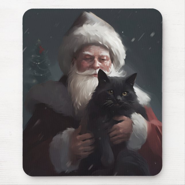 Tuxedo Cat With Santa Claus Festive Christmas Mouse Pad (Front)