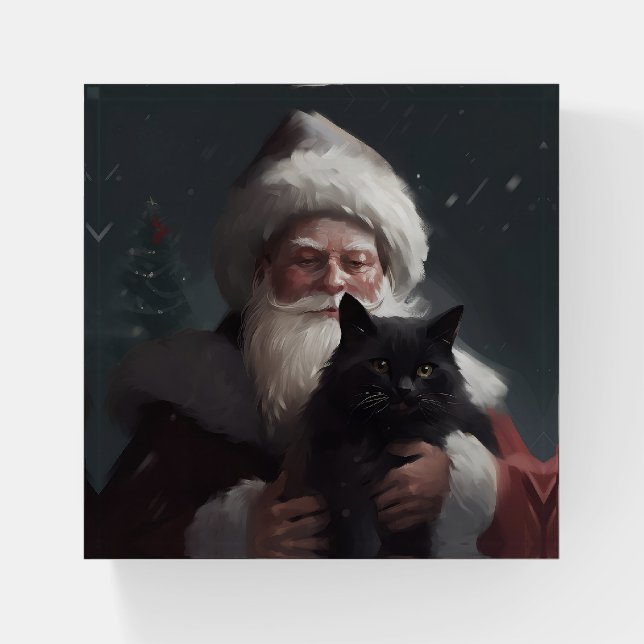 Tuxedo Cat With Santa Claus Festive Christmas Paperweight (Front)