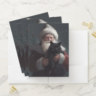 Tuxedo Cat With Santa Claus Festive Christmas Pocket Folder