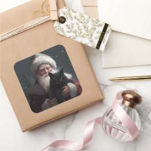 Tuxedo Cat With Santa Claus Festive Christmas Square Sticker