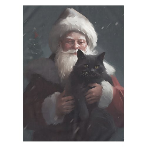 Tuxedo Cat With Santa Claus Festive Christmas Tablecloth