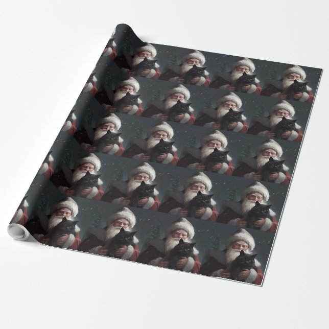 Tuxedo Cat With Santa Claus Festive Christmas Wrapping Paper (Unrolled)