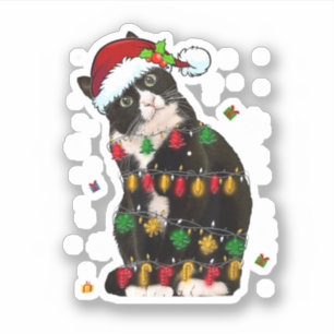 Tuxedo Cat With Santa Hat Funny Christmas Lights Sticker