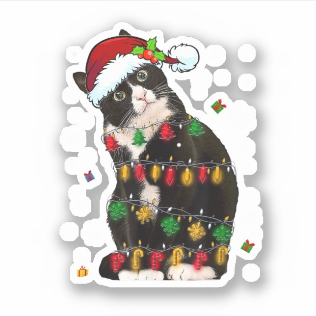 Tuxedo Cat With Santa Hat Funny Christmas Lights Sticker (Front)