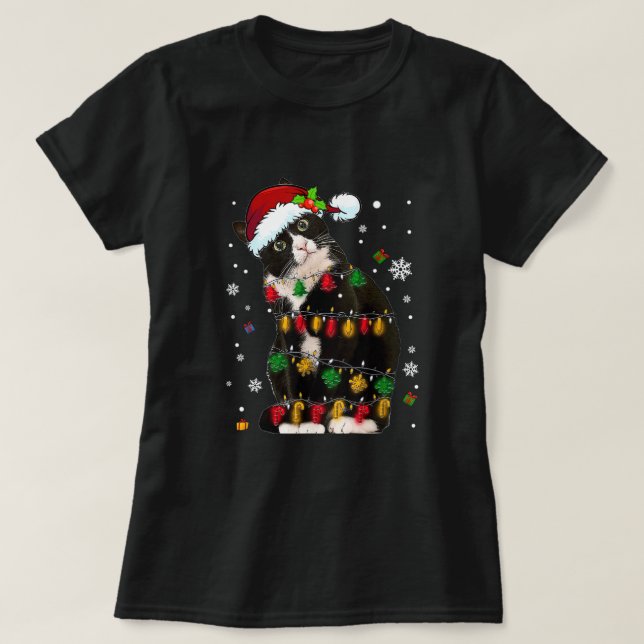 Tuxedo Cat With Santa Hat Funny Christmas Lights T-Shirt (Design Front)