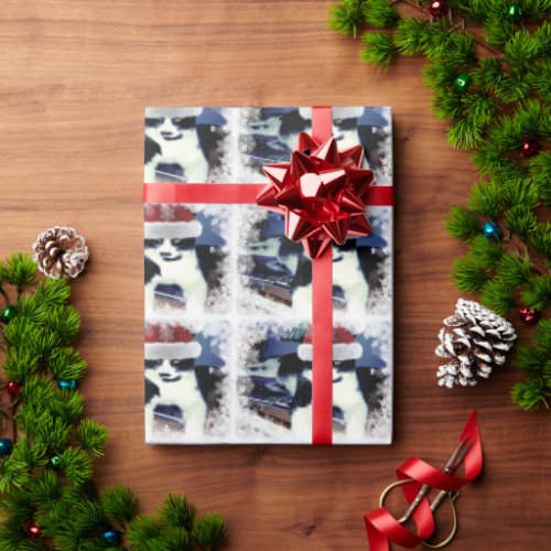 Tuxedo Cat with Santa Hat Glossy Wrapping Paper