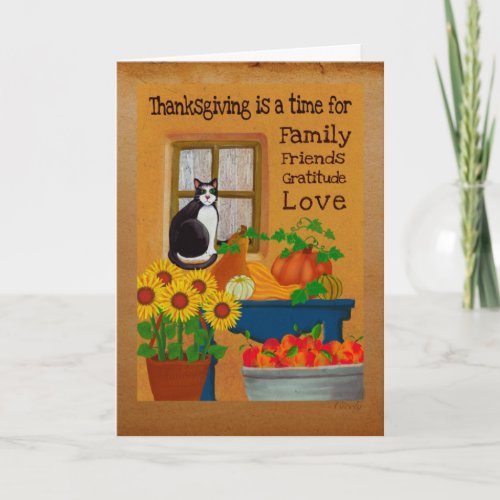 Tuxedo cat with the Thanksgiving bounty Holiday Card