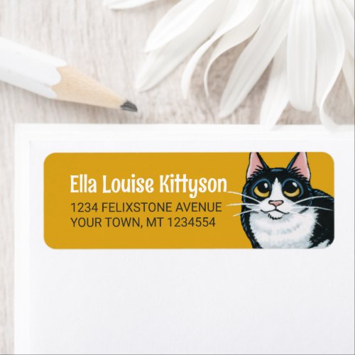 Tuxedo Cat with Yellow Eyes  Return Address Label