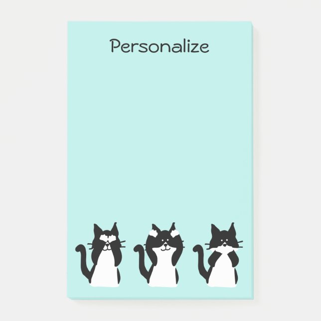 Tuxedo Cats | Three Wise Kitties Aqua Blue Post-it Notes (Front)
