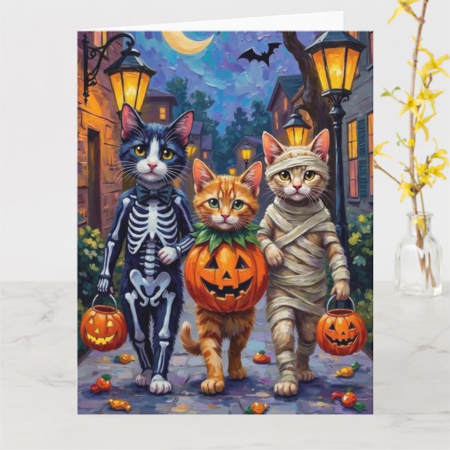 Tuxedo Cats Trick-or-Treating in Halloween Costume Card (Yellow Flower)