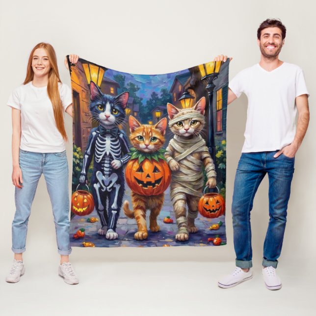 Tuxedo Cats Trick-or-Treating in Halloween Costume Fleece Blanket (In Situ)