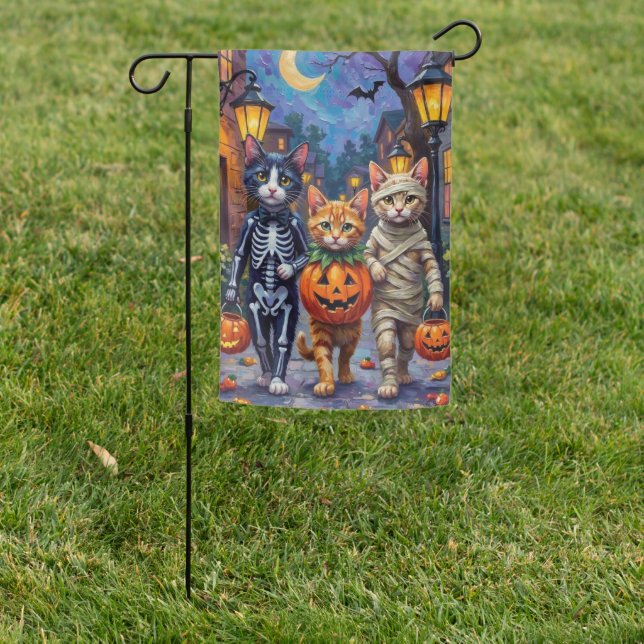 Tuxedo Cats Trick-or-Treating in Halloween Costume Garden Flag (In SItu)