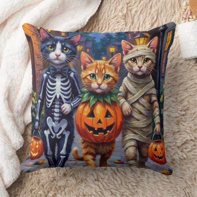 Tuxedo Cats Trick-or-Treating in Halloween Costume Throw Pillow (Blanket)