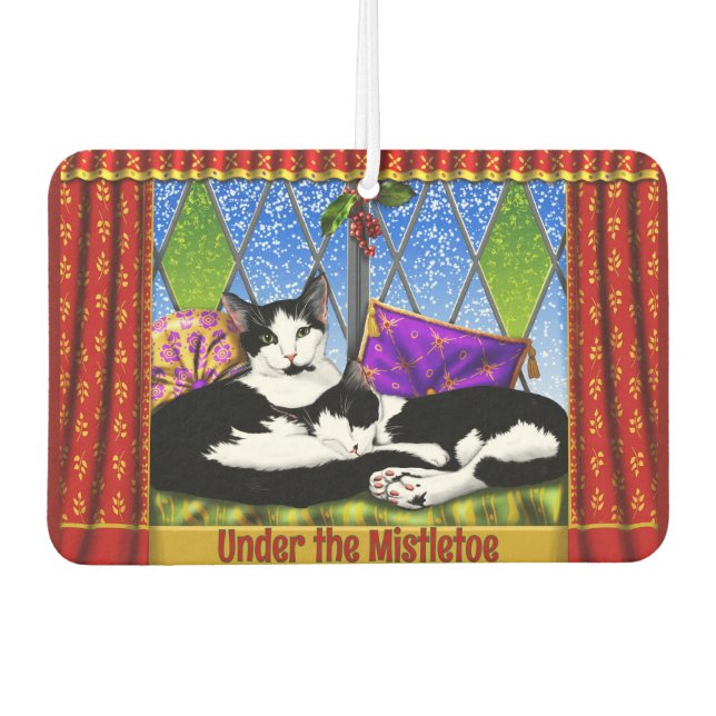 Tuxedo Cats Under Mistletoe Personalized Air Freshener (Front)