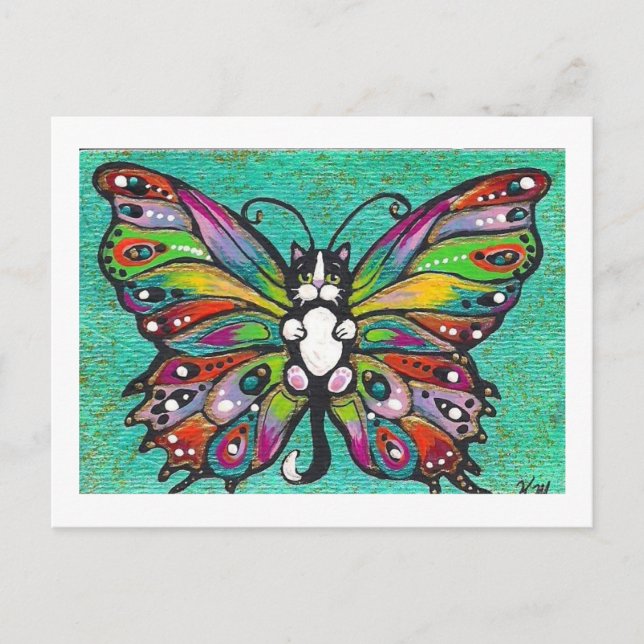Tuxedo Catterfly Cat/Butterfly Whimsical Fantasy! Postcard (Front)