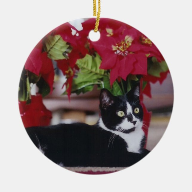 Tuxedo Christmas Cat Ceramic Ornament (Front)