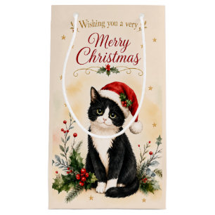 Tuxedo Christmas Cat in Santa Hat Small Gift Bag
