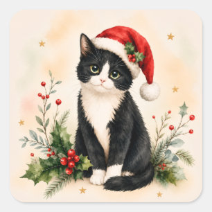 Tuxedo Christmas Cat in Santa Hat Square Sticker