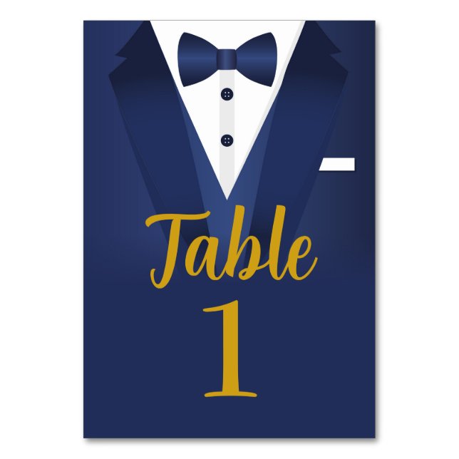 Tuxedo Event Bow Tie Black Tie Gold Navy Wedding Table Number (Front)