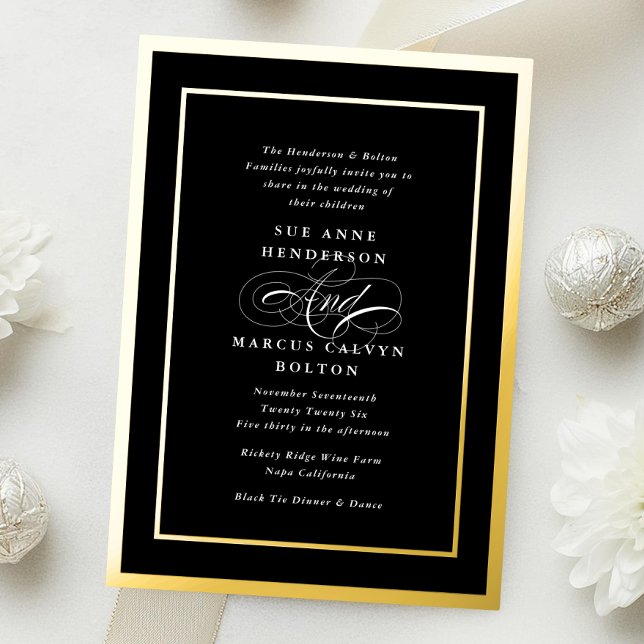 Tuxedo Formal Calligraphy Gold Frame Wedding Foil Invitation (Creator Uploaded)