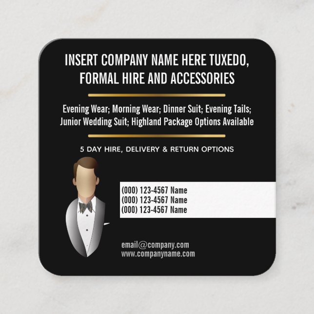Tuxedo formal suit hire custom business square business card (Front)