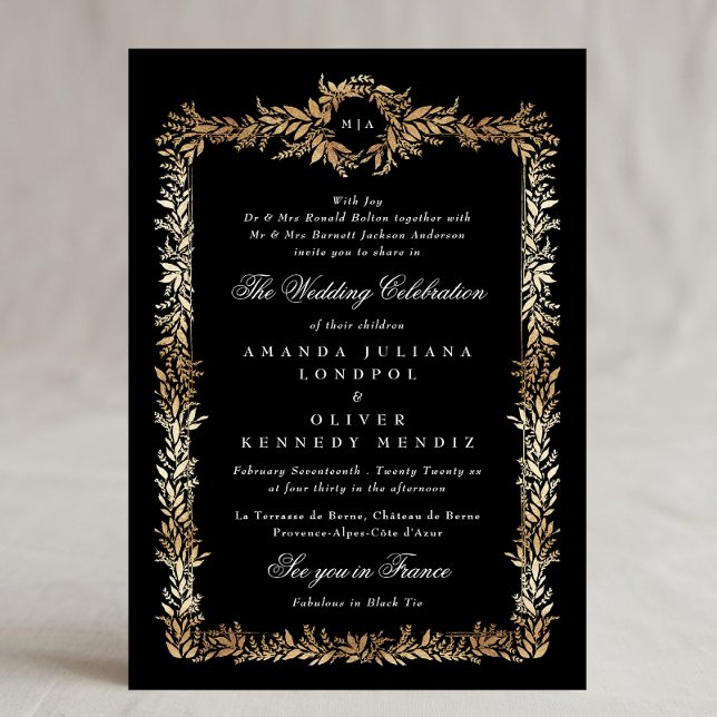 tuxedo gold botanical frame monogram wedding invitation (Creator Uploaded)