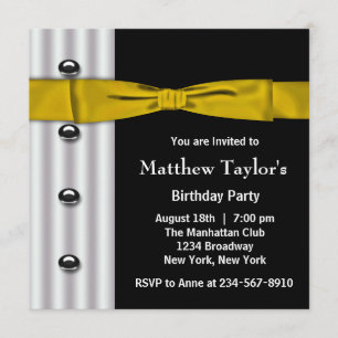 Tuxedo Gold Bow Tie Mens Birthday Party Invitation